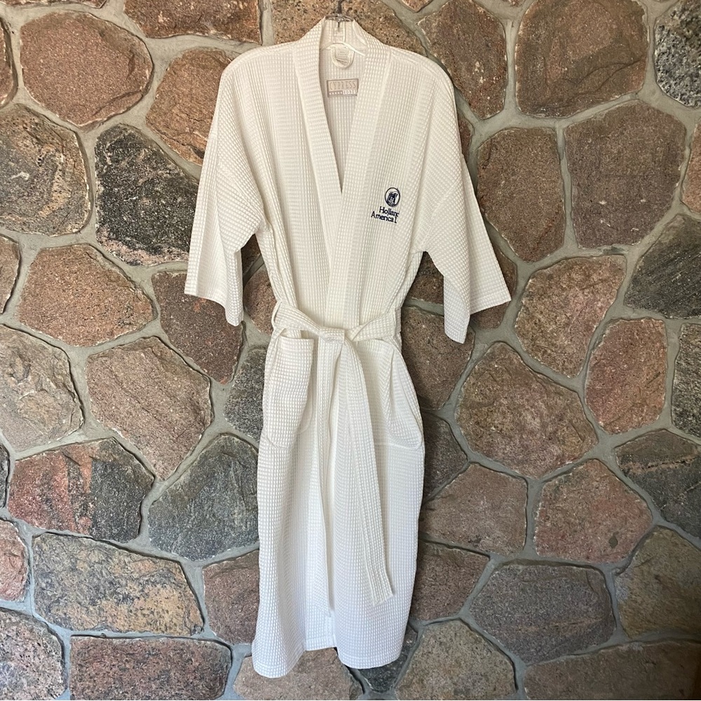 White waffle weave cotton blend bathrobe from Holland America cruise ship